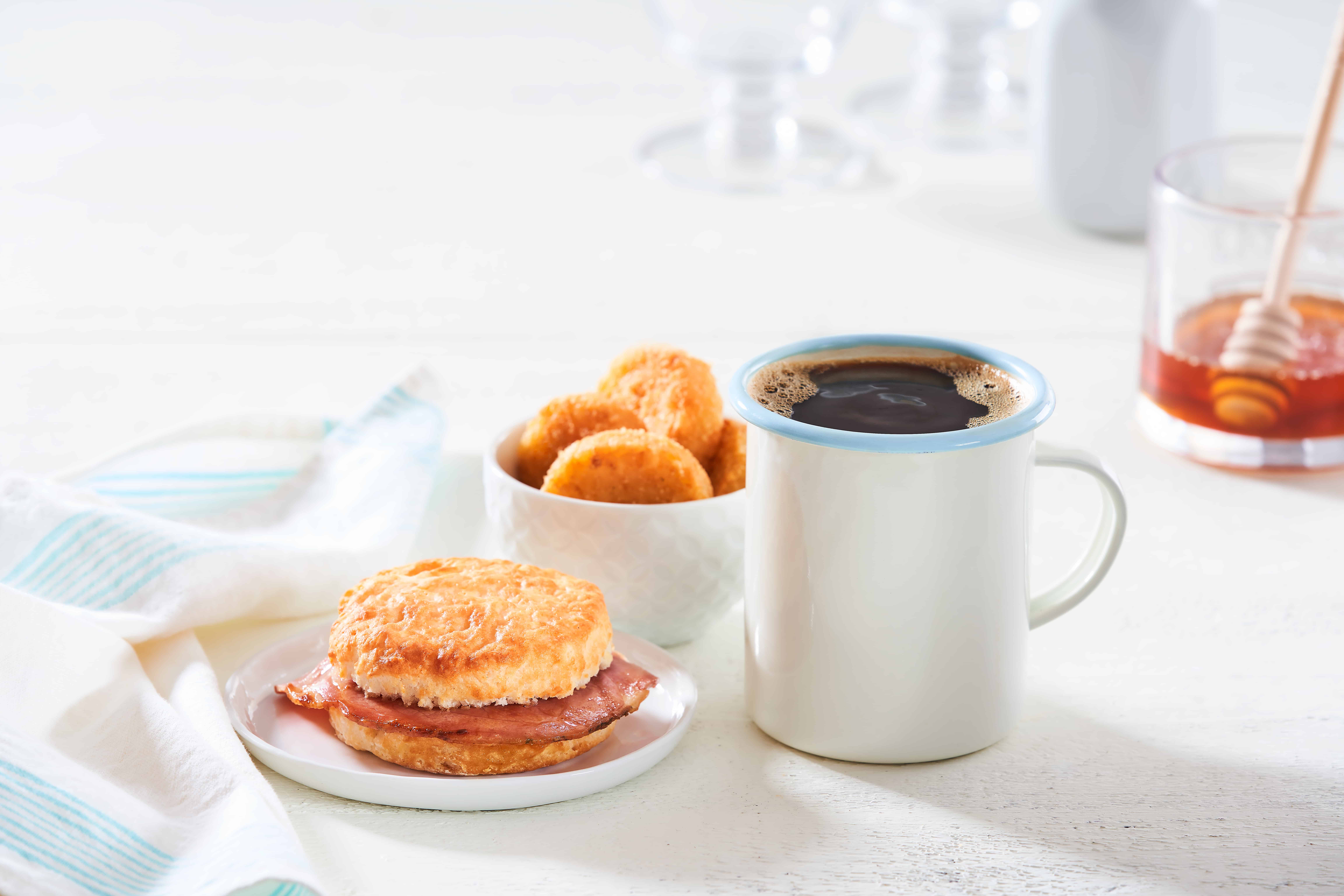 Country Ham Biscuit with bo rounds and coffee